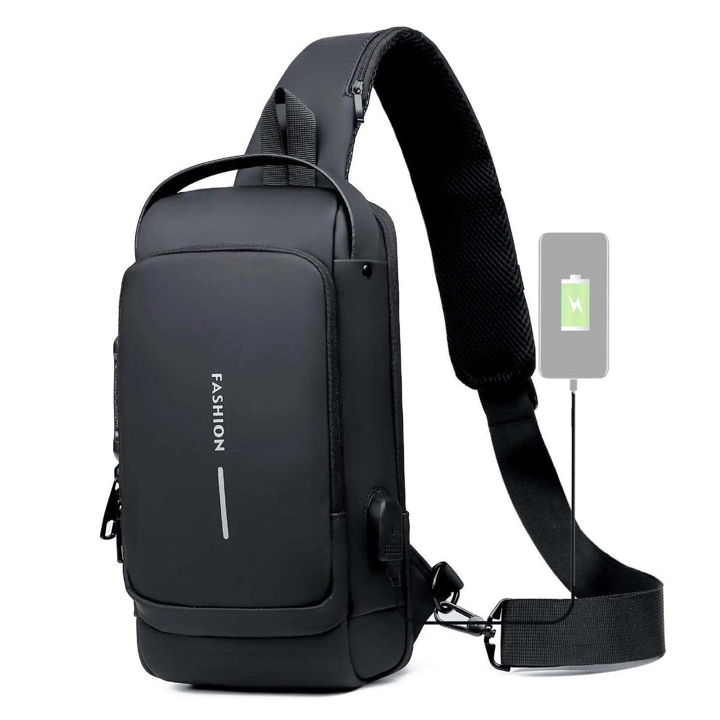 BOLSO MANOS LIBRES ANTIRROBO, CARGA USB, IMPERMEABLE