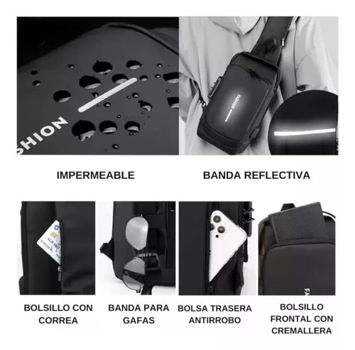 BOLSO MANOS LIBRES ANTIRROBO, CARGA USB, IMPERMEABLE