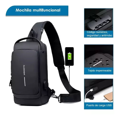 BOLSO MANOS LIBRES ANTIRROBO, CARGA USB, IMPERMEABLE